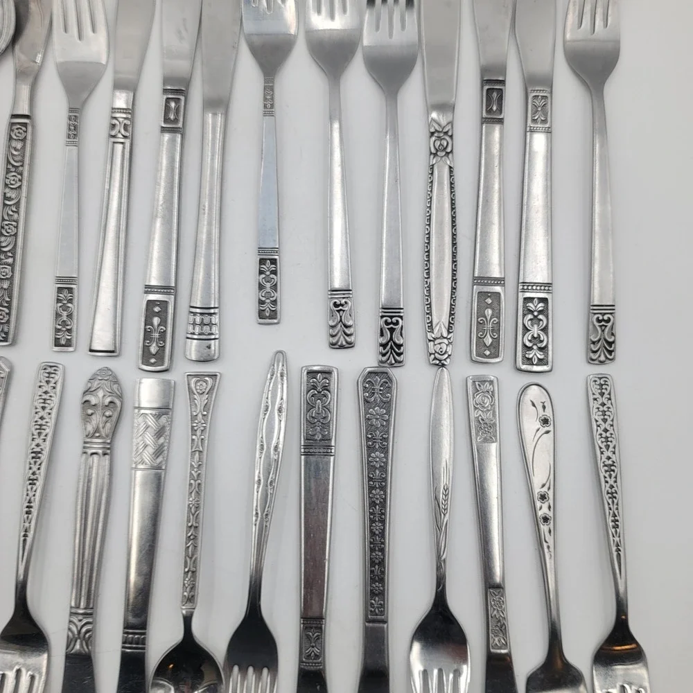 32 Pc Mixed Stainless Flatware Lot Engraved Etched Floral Geometric Mismatched